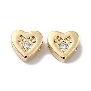 Real 18K Gold Plated Brass Beads, with Glass, Heart, Clear, 7x7.5x3.5mm, Hole: 1mm(KK-H455-09G-01)