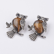 Natural Tiger Eye Pendants, with Alloy Finding, Owl, Antique Silver, 46.5x35.5x11.5mm, Hole: 6x8.5mm(G-E442-01P)