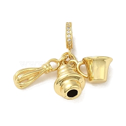 Rack Plating Brass Micro Pave Clear Cubic Zirconia European Dangle Charms, Cup & Whisk Large Hole Pendants, Cadmium Free & Lead Free, Long-Lasting Plated, Real 18K Gold Plated, 26mm, Charm: 13~18.5x6~9x6~9mm, Hole: 4.5mm(KK-P272-12G)