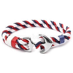 Stainless Steel Anchor Link Bracelet, Red Blue White Cord Bracelet, for Independence Day, Stainless Steel Color, 8-1/4 inch(21cm)(PW-WGE1854-01)