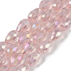 Transparent Electroplate Glass Beads Strands, AB Color Plated, Faceted, Teardrop, Pink, 5~6x4mm, Hole: 0.9mm, about 65~67pcs/strand, 15.35~16.4''(39~41cm)(EGLA-N013-T4mm-B18)