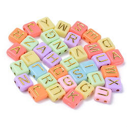 Opaque Acrylic Multi-Strand Links, Rectangle with Mixed Golden Letter, Mixed Color, 8.5x7.5x4mm, Hole: 1.5mm, about 780pcs/200g(MACR-SZ0001-14)