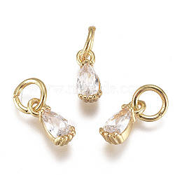 Brass Micro Pave Cubic Zirconia Charms, with Jump Ring, Long-Lasting Plated, Real 18K Gold Plated, Faceted, Teardrop, Clear, 8x3x3mm, Hole: 3mm(X-ZIRC-F111-04G-09)