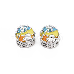 Rack Plating Alloy Enamel European Beads, Large Hole Beads, Cadmium Free & Nickel Free & Lead Free, Flat Round with Tree, Platinum, Colorful, 11x10mm, Hole: 5.5mm(MPDL-N039-189-01)