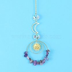 Glass & Brass Pendant Decorations, Suncatchers, Rainbow Makers, with Chips Amethyst, for Home Decoration, 350mm(HJEW-PW0002-12H)