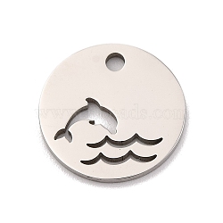 Non-Tarnish 201 Stainless Steel Charms, Laser Cut, Flat Round with Dolphin Charm, Stainless Steel Color, 12x1mm, Hole: 1.5mm(STAS-U016-11P)