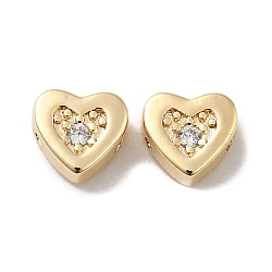 Real 18K Gold Plated Brass Beads, with Glass, Heart, Clear, 7x7.5x3.5mm, Hole: 1mm(KK-H455-09G-01)