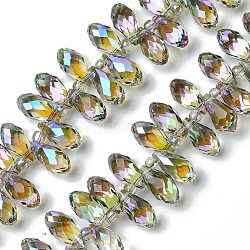 Transparent Electroplate Glass Beads Strands, Half Rainbow Plated, Faceted, Teardrop, Olive, 13.5x6.5mm, Hole: 1mm, about 98~99pcs/strand, 18.11 inch(46cm)(GLAA-K064-07A-HR01)