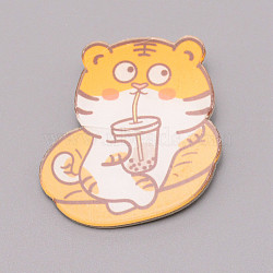 Tiger Drinking Chinese Zodiac Acrylic Brooch, Lapel Pin for Chinese Tiger New Year Gift, White, Orange, 38x34x7mm(JEWB-WH0022-18)