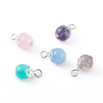 Glass Pendants, with Brass Findings, Round, Platinum
, Mixed Color, 15x8.5mm, Hole: 3mm