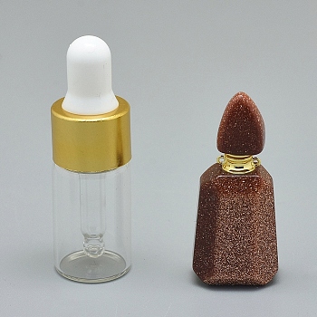 Faceted Synthetic Goldstone Openable Perfume Bottle Pendants, with Brass Findings and Glass Essential Oil Bottles, 30~40x14~18x11~14mm, Hole: 0.8mm, Glass Bottle Capacity: 3ml(0.101 fl. oz), Gemstone Capacity: 1ml(0.03 fl. oz)