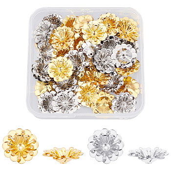 SUPERFINDINGS 40Pcs 2 Colors Multi-Petal Brass Bead Caps, Long-Lasting Plated, Flower, Mixed Color, 16x5mm, Hole: 0.9mm, 20pcs/color