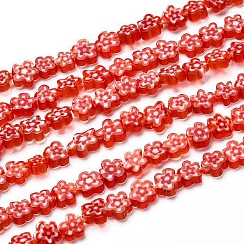 Handmade Millefiori Glass Bead Strands, Flower, Red, 6.4~9x3.2mm, Hole: 1mm, about 56pcs/Strand, 15.75''(40cm)
