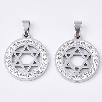 201 Stainless Steel Pendants, with Random Size Snap On Bails and Polymer Clay Crystal Rhinestones, for Jewish, Flat Round with Star of David, Stainless Steel Color, 23x20x2.5mm, Hole: 8~10x3~5mm