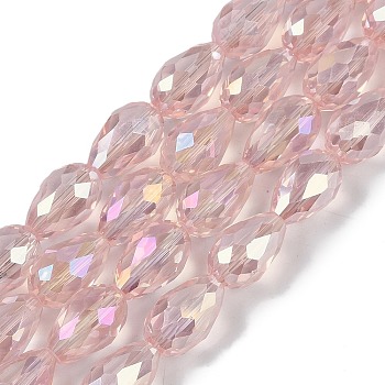 Transparent Electroplate Glass Beads Strands, AB Color Plated, Faceted, Teardrop, Pink, 6x4mm, Hole: 0.9mm, about 65~67pcs/strand, 15.35~16.4''(39~41cm)