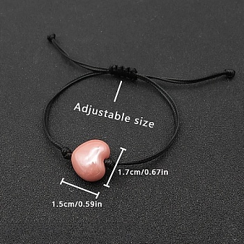 Porcelain Braided Bead Bracelets, Adjustable Waxed Cord Bracelets for Women, Heart, Heart: 15x17mm