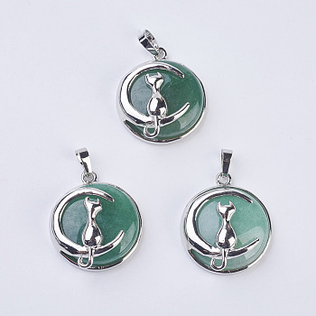 Natural Green Aventurine Kitten Pendants, with Brass Findings, Flat Round with Cat & Crescent Moon Shape, Platinum, 32x27.5x10mm, Hole: 5x7mm