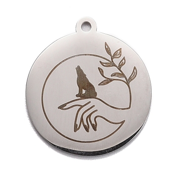 304 Stainless Steel Pendants, Flat Round with Wolf & Hand & Leaf, Stainless Steel Color, 28x25x1.4mm, Hole: 2mm