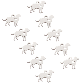 304 Stainless Steel Puppy Charms, Dog with Heart, Stainless Steel Color, 11x15.5x1mm, Hole: 1.5mm, 30pcs/box