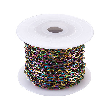 PVD Vacuum Plating 304 Stainless Steel Cable Chains, Long-Lasting Plated, Unwelded, with Spool, Flat Oval, Rainbow Color, 6.5x3.5x0.8mm, 5m/roll