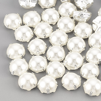 ABS Plastic Imitation Pearl Shank Buttons, with Brass Findings, Half Round, Creamy White, Silver Color Plated, 5x5x3mm, Hole: 0.8mm