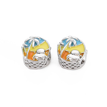 Rack Plating Alloy Enamel European Beads, Large Hole Beads, Cadmium Free & Nickel Free & Lead Free, Flat Round with Tree, Platinum, Colorful, 11x10mm, Hole: 5.5mm