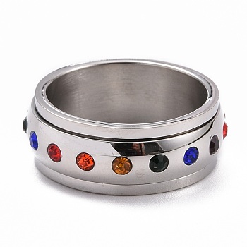 Pride Style Titanium Steel Finger Rings, Wide Band Rings, with Colorful Rhinestone Beads, Stainless Steel Color, US Size 7(17.3mm)