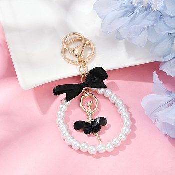 Alloy Resin & Crystal Rhinestone Ballet Dancer Pendant Decorations, with Glass Pearl Beads and Handmade Polyester Bowknot & Alloy Keychain Clasp Findings, Golden, Black, 140mm
