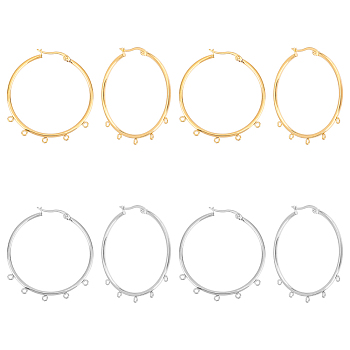 8Pcs 2 Colors 304 Stainless Steel Huggie Hoop Earring Findings, with Latch Back Closure and Horizontal Loops, Ring, Golden & Stainless Steel Color, 12 Gauge, 45x40x2mm, Hole: 1.6mm, Pin: 0.7~1.2mm, 4Pcs/color