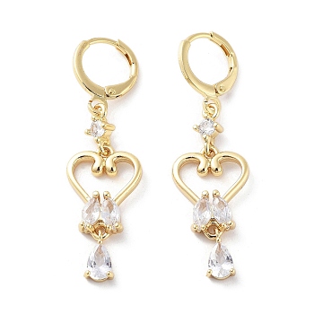 Rack Plating Golden Brass Dangle Leverback Earrings, with Cubic Zirconia, Heart, 45x13mm