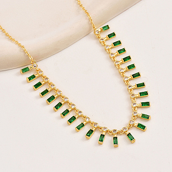Golden Brass Rectangle Charms Bib Necklace for Women, Green, 15.75 inch(40cm)