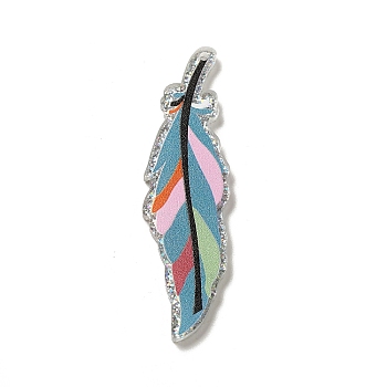 Acrylic Pendants, with Glitter Powder, Feather, Mixed Color, 59x16.5x2mm, Hole: 1.8mm