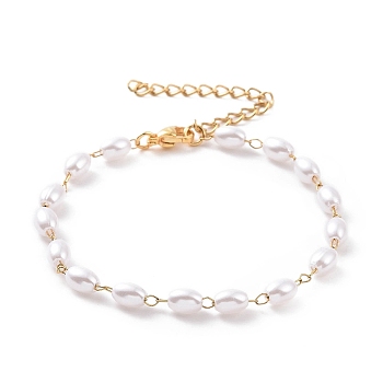 Rice Plastic Imitation Pearl Beaded Bracelets, with Vacuum Plating 304 Stainless Steel Curb Chains, White, Golden, 6-3/8 inch(16.3cm)