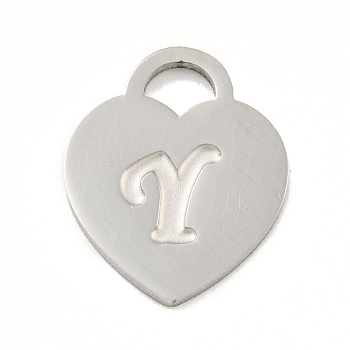 304 Stainless Steel Pendants, Laser Cut, Heart with Letter Charm, Stainless Steel Color, Letter Y, 15x12x1mm, Hole: 3x3.5mm