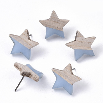 Transparent Resin & Wood Stud Earrings, with 304 Stainless Steel Pin, Star, Light Steel Blue, 17x18mm, Pin: 0.7mm