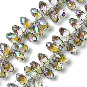 Transparent Electroplate Glass Beads Strands, Half Rainbow Plated, Faceted, Teardrop, Olive, 13.5x6.5mm, Hole: 1mm, about 98~99pcs/strand, 18.11 inch(46cm)