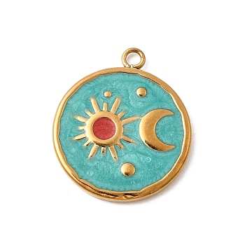 304 Stainless Steel Enamel Pendants, Flat Round & Moon & Sun, Golden, Ion Plating(IP), Turquoise, 23.5x20x2mm, Hole: 1.8mm