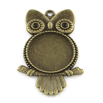 Tibetan Style Alloy Owl Pendant Rhinestone Cabochon Settings, Cadmium Free & Nickel Free & Lead Free, Antique Bronze, Tray: 20mm, 45x29x2.5mm, Hole: 2.5mm, Fit for 3mm rhinestone, about 132pcs/1000g