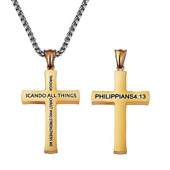 Titanium Steel Cross with Philippians 4:13 Pendant Necklace, Religion Jewelry for Men Women, Golden, 23.62 inch(60cm)