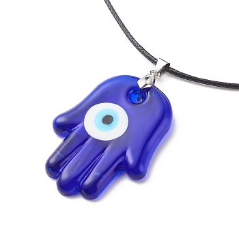 Blue Lampwork Evil Eye Pendant Necklace with Waxed Cord for Women, Palm Pattern, Pendant: 57x36x6mm, 17.64~17.72 inch(44.8~45cm)
