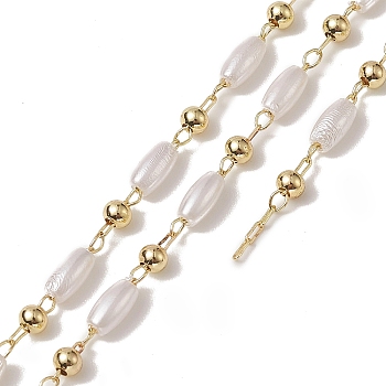 Rack Plating Brass Satellite Chains, with Plastic Pearl Oval Beaded, Soldered, with Card Paper, Golden, 6x3mm