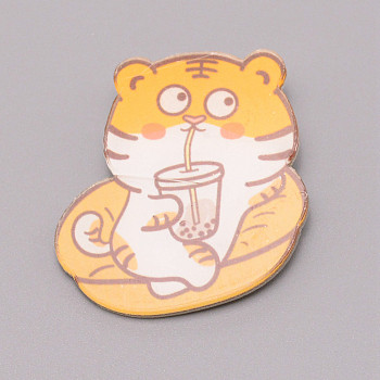 Tiger Drinking Chinese Zodiac Acrylic Brooch, Lapel Pin for Chinese Tiger New Year Gift, White, Orange, 38x34x7mm