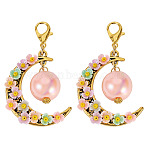 2Pcs Acrylic & Resin Imitation Pearl & Alloy Pendant Decorations, Moon with Flower, with Alloy Lobster Claw Clasps, Light Salmon, 59mm(HJEW-TAC0116)