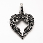 Antique Silver Plated 304 Stainless Steel Rhinestone Pendants, Heart with WingJet, 39.5x31x7mm, Hole: 6.5x10mm(STAS-M202-12B)