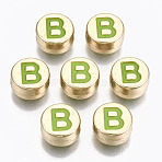 Alloy Enamel Beads, Cadmium Free & Lead Free, Flat Round with Initial Letters, Light Gold, Yellow Green, Letter.B, 8x4mm, Hole: 1.5mm(ENAM-S122-029B-RS)