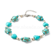 Heart & Tortoise Synthetic Turquoise Beaded Anklet, Adjustable Anklet for Women, Platinum, Cyan, 10 inch(25.5cm)(AJEW-AN00459-02)