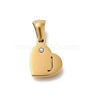 304 Stainless Steel Heart Pendants with Rhinestone, Golden, Letter J, 11x13x2.5mm, Hole: 5x3mm(STAS-Z103-01G-10)