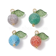 4pcs 4 Colors Natural Dyed Crackle Agate Round Fruit Charms with Acrylic Leaf, Mixed Color, 13.5~14x12x8mm, Hole: 1.6~1.8mm, 1pc/color(PALLOY-TA00124)