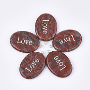 Natural Red Jasper Pendants, with Iron Findings, Oval with Word Love, Platinum, 43~44x29~30x5~6mm, Hole: 2mm(G-S344-90E)