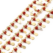Glass Beaded Teardrop Charm Chains, with Real 18K Gold Plated Brass Curb Chains, Soldered, with Spool, Dark Red, 1.5mm(CHC-A006-13G-04)